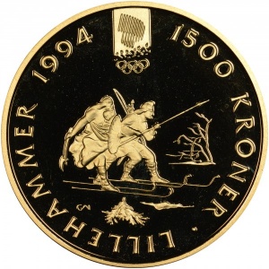 Реверс монеты Норвегия, 1500 крон, 1992, XVII зимние Олимпийские Игры, Лиллехаммер 1994