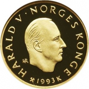 Аверс монеты Норвегия, 1500 крон, 1993, XVII зимние Олимпийские Игры, Лиллехаммер 1994 /Лыжник/