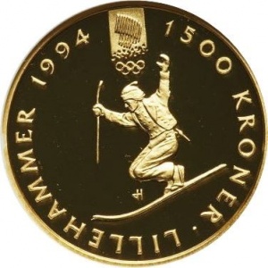 Реверс монеты Норвегия, 1500 крон, 1993, XVII зимние Олимпийские Игры, Лиллехаммер 1994 /Лыжник/