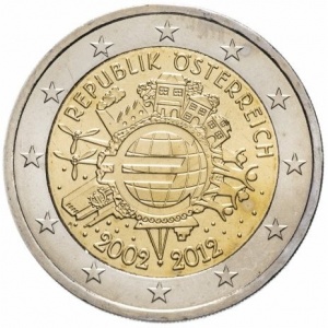 Аверс монеты Австрия, 2 евро, 2012, 10 лет евро наличными