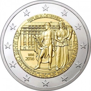 Аверс монеты Австрия, 2 евро, 2016, 200 лет Национальному банку