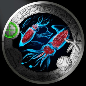 Реверс монеты Австрия, 3 евро, 2025, Светящаяся морская жизнь - Кальмар-светлячок