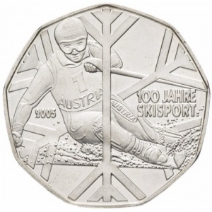 Реверс монеты Австрия, 5 евро, 2005, 100 лет лыжному спорту