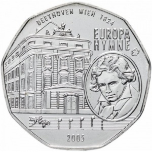 Реверс монеты Австрия, 5 евро, 2005, 10 лет членству Австрии в ЕС, гимн ЕС