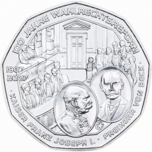 Реверс монеты Австрия, 5 евро, 2007, 100 лет Всеобщему избирательному праву