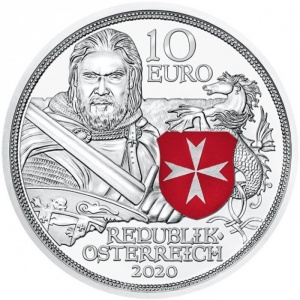 Аверс монеты Австрия, 10 евро, 2020, В кольчуге и с мечом - Стойкость, Цветное покрытие
