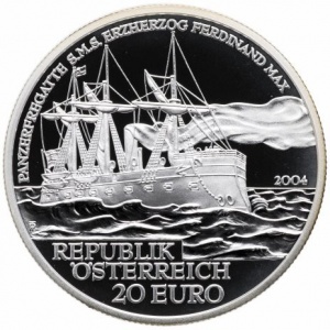 Аверс монеты Австрия, 20 евро, 2004, Австрийский флот - SMS Erzherzog Ferdinand Max