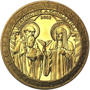 Аверс монеты Австрия, 50 евро, 2002, Схоластика Святого Бенедикта