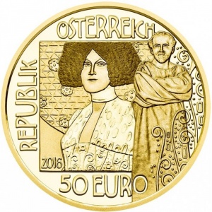 Аверс монеты Австрия, 50 евро, 2016, Густав Климт - Поцелуй