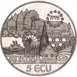 Аверс монеты Австрия, 5 ЭКЮ, 1995, 170 лет со дня рождения Иоганна Штрауса