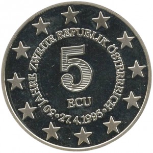 Аверс монеты Австрия, 5 ЭКЮ, 1995, 50 лет Второй Австрийской Республике