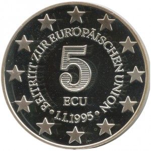 Аверс монеты Австрия, 5 ЭКЮ, 1995, Вступление Австрии в ЕС