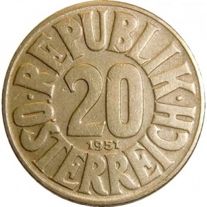 Аверс монеты Австрия, 20 грошей, 1950-1954