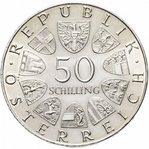Аверс монеты Австрия, 50 шиллингов, 1973, 500 лет гостинице "Золотой лев"