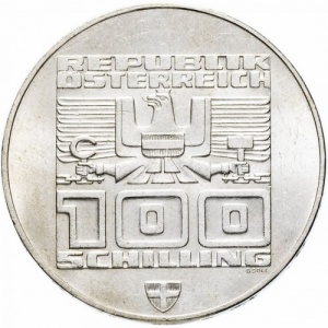 Аверс монеты Австрия, 100 шиллингов, 1975, XII зимние Олимпийские Игры, Инсбрук 1976 - Лыжник