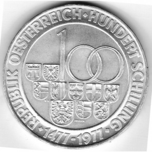 Аверс монеты Австрия, 100 шиллингов, 1977, 500 лет монетному двору Халль-ин-Тироль