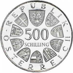 Аверс монеты Австрия, 500 шиллингов, 1982, 500 лет Австрийской печати