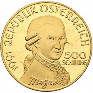 Аверс монеты Австрия, 500 шиллингов, 1991, 200 лет со дня смерти Вольфганга Амадея Моцарта