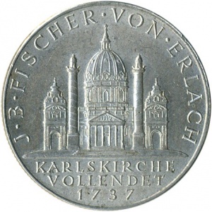 Реверс монеты Австрия, 2 шиллинга, 1937, 200 лет со дня завершения строительства церкви Святого Карла