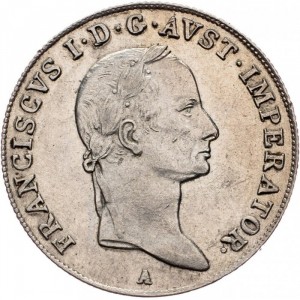 Аверс монеты Австрия, 20 крейцеров, 1831, Ленты на венке перекинуты вперед через шею