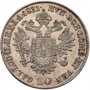 Реверс монеты Австрия, 20 крейцеров, 1831, Ленты на венке перекинуты вперед через шею