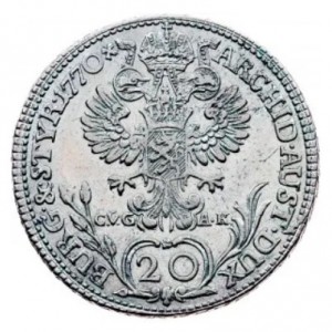 Реверс монеты Австрия, 20 крейцеров, 1767-1772, Мария Терезия - Орел с гербом Штирии