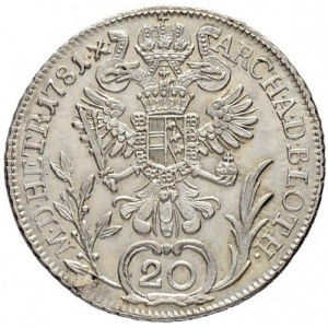 Реверс монеты Австрия, 20 крейцеров, 1780-1790, Иосиф II - Открытый венок над головой