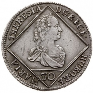Аверс монеты Австрия, 30 крейцеров, 1765, Мария Терезия - орел с 5 гербами