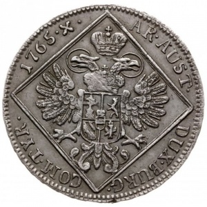 Реверс монеты Австрия, 30 крейцеров, 1765, Мария Терезия - орел с 5 гербами