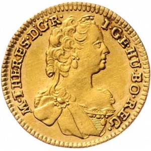 Аверс монеты Австрия, 1 дукат, 1750-1765, Мария Терезия - щит Тироля в центре