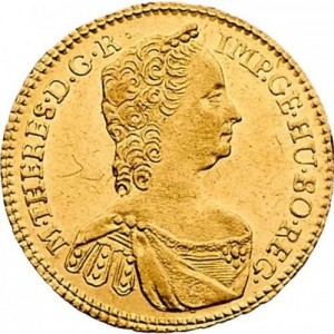 Аверс монеты Австрия, 1 дукат, 1750-1765, Мария Терезия - щит Австрии в центре