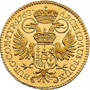 Реверс монеты Австрия, 1 дукат, 1750-1765, Мария Терезия - щит Австрии в центре
