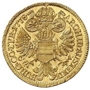 Реверс монеты Австрия, 1 дукат, 1765-1780, Мария Терезия - орел с гербом Австрии в центре