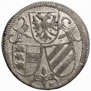 Аверс монеты Австрия, 2 пфеннига, 1619-1627, Три щита, герб Каринтии слева