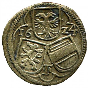 Аверс монеты Австрия, 2 пфеннига, 1622-1632, Три щита, герб Штирии слева