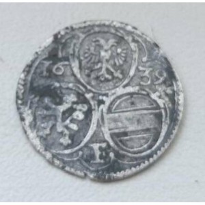 Аверс монеты Австрия, 2 пфеннига, 1638-1657, Три щита, герб Штирии слева