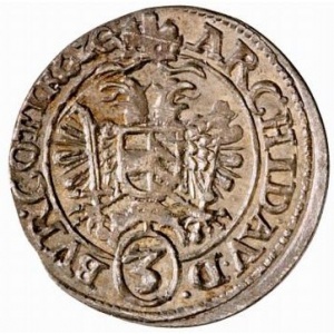 Реверс монеты Австрия, 3 крейцера, 1620-1637, Имперский орел с гербом Вены внутри, отметка V в круге