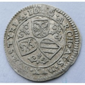 Реверс монеты Австрия, 3 крейцера, 1624-1626, Три герба на реверсе, левый герб - Штирия, маленький бюст на аверсе