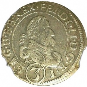 Аверс монеты Австрия, 3 крейцера, 1624-1636, Три герба на реверсе, левый герб - Каринтия, дата на реверсе