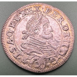 Аверс монеты Австрия, 3 крейцера, 1626-1628, Три герба на реверсе, левый герб - Штирия, большой бюст на аверсе