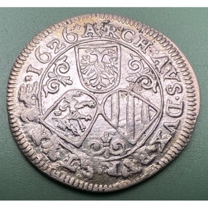 Реверс монеты Австрия, 3 крейцера, 1626-1628, Три герба на реверсе, левый герб - Штирия, большой бюст на аверсе