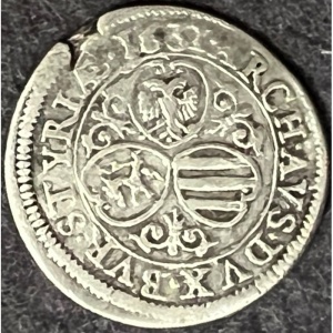 Реверс монеты Австрия, 3 крейцера, 1629-1637, Три герба на реверсе, левый герб - Штирия