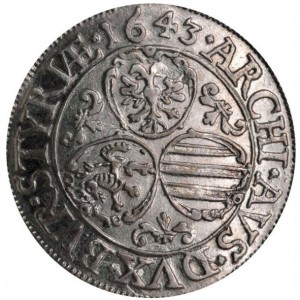Реверс монеты Австрия, 3 крейцера, 1637-1657, Три герба на реверсе, левый герб - Штирия