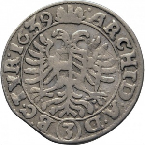 Реверс монеты Австрия, 3 крейцера, 1637-1657, Имперский орел с гербом Вены внутри, отметка птица в круге