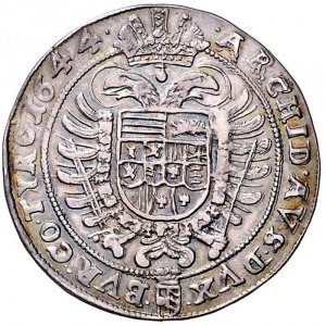 Реверс монеты Австрия, ¼ талера, 1637-1648, Фердинанд III, коронованный имперский орел с гербом