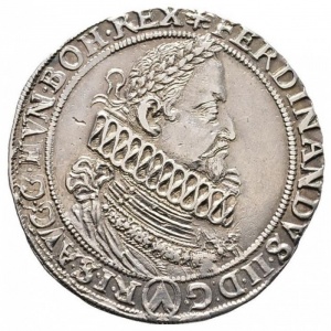 Аверс монеты Австрия, ½ талера, 1620-1624, Фердинанд II, имперский орел, герб Вены ниже, бюст с кружевным воротником