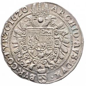 Реверс монеты Австрия, ½ талера, 1620-1624, Фердинанд II, имперский орел, герб Вены ниже, бюст с кружевным воротником