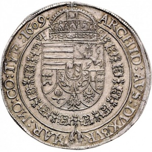 Реверс монеты Австрия, 1 талер, 1609-1610, Маттиас, короткие складки ткани за бюстом