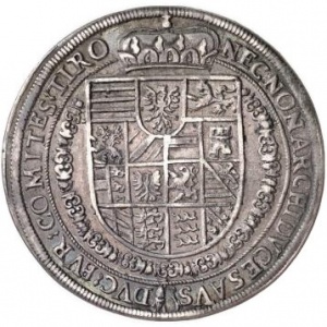 Реверс монеты Австрия, 1 талер, 1611-1612, Рудольф II, герб, дата справа от бюста