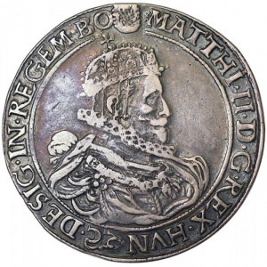 Аверс монеты Австрия, 1 талер, 1612-1613, Матиас, коронованный составной герб